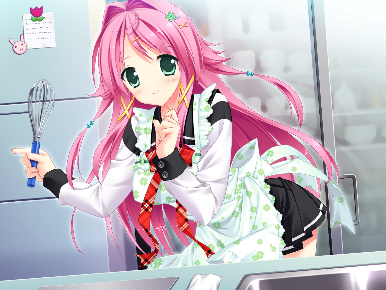 apron, awashima_akane, game_cg, green_eyes, long_hair, mecha-con!, narusawa_sora, onomatope*, pink_hair, school_uniform
