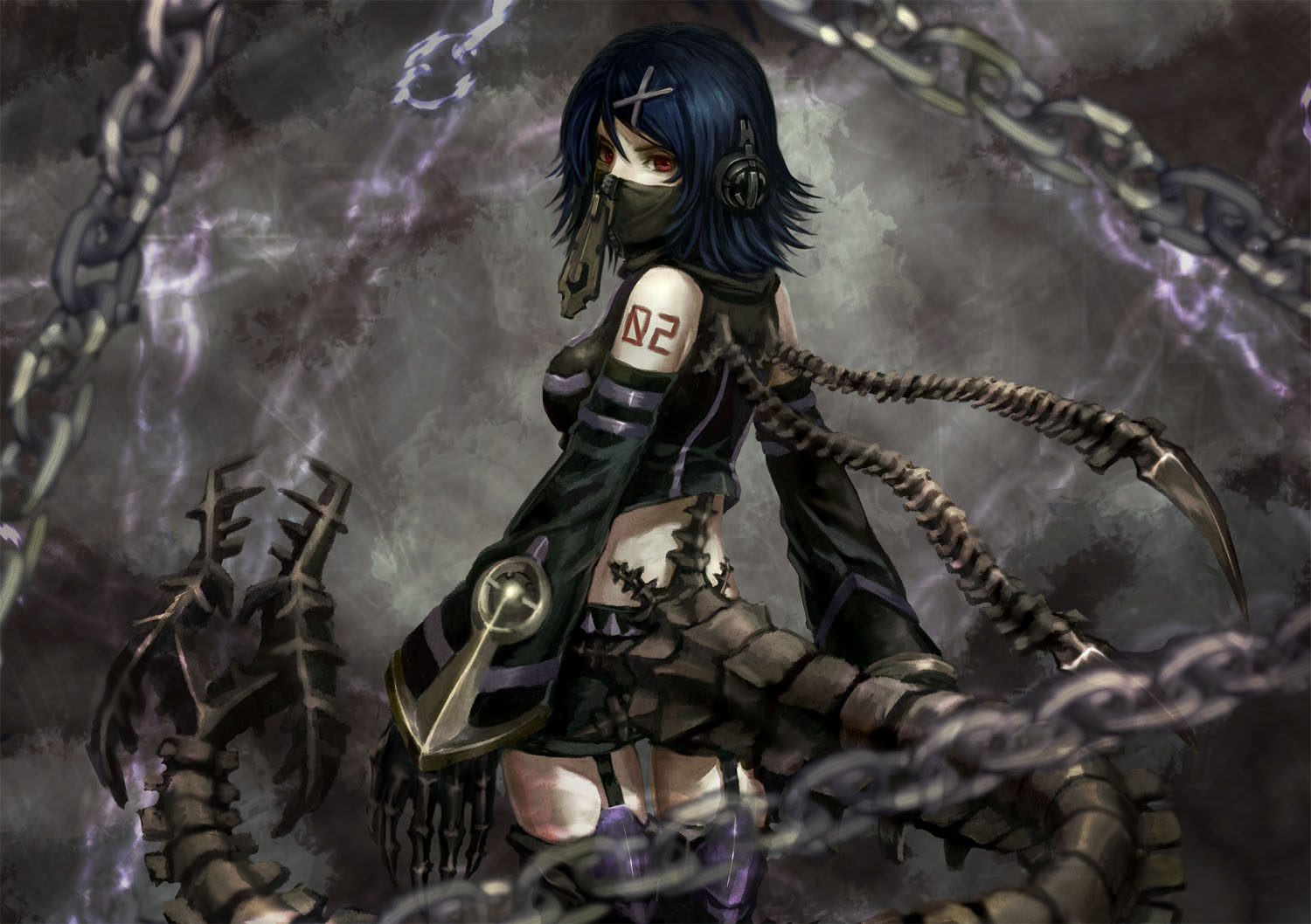 blue_hair, chain, headphones, kagamine_rin, mask, red_eyes, short_hair, tail, tentacles, thighhighs, trans_nido, vocaloid