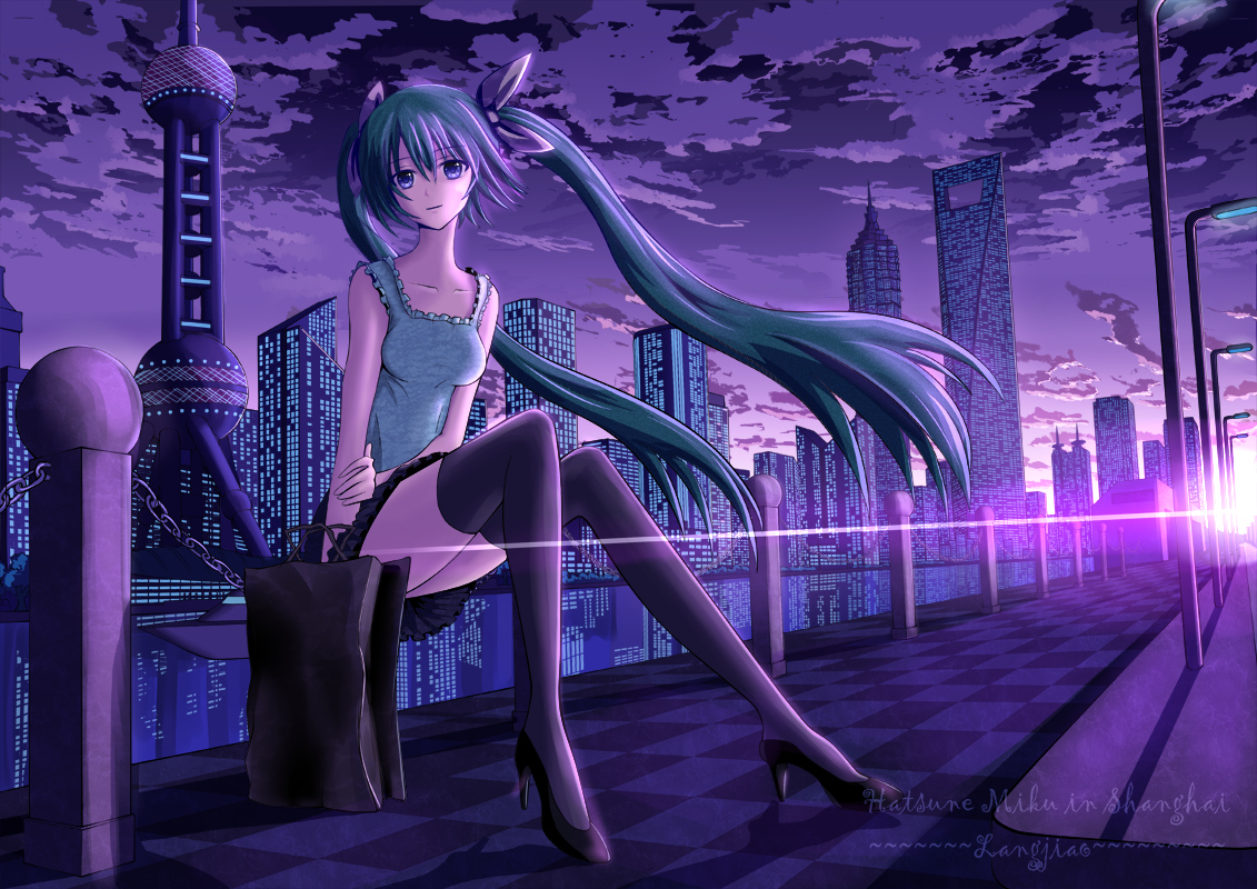 blue_eyes, building, city, clouds, dress, green_hair, hatsune_miku, langjiao, long_hair, thighhighs, twintails, vocaloid, watermark