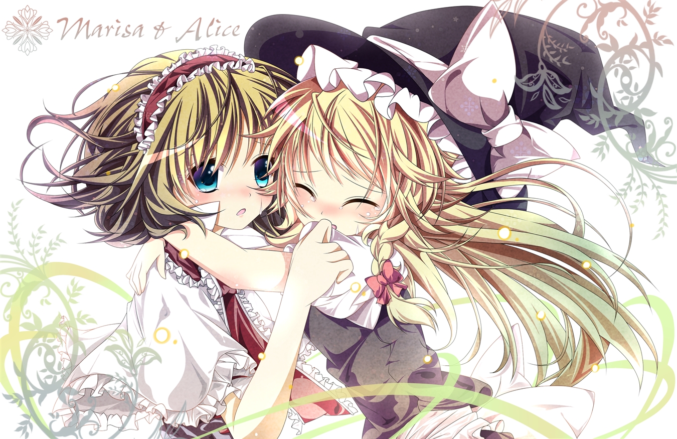 2girls, alice_margatroid, aqua_eyes, blonde_hair, hat, hikobae, hug, kirisame_marisa, tears, touhou, witch