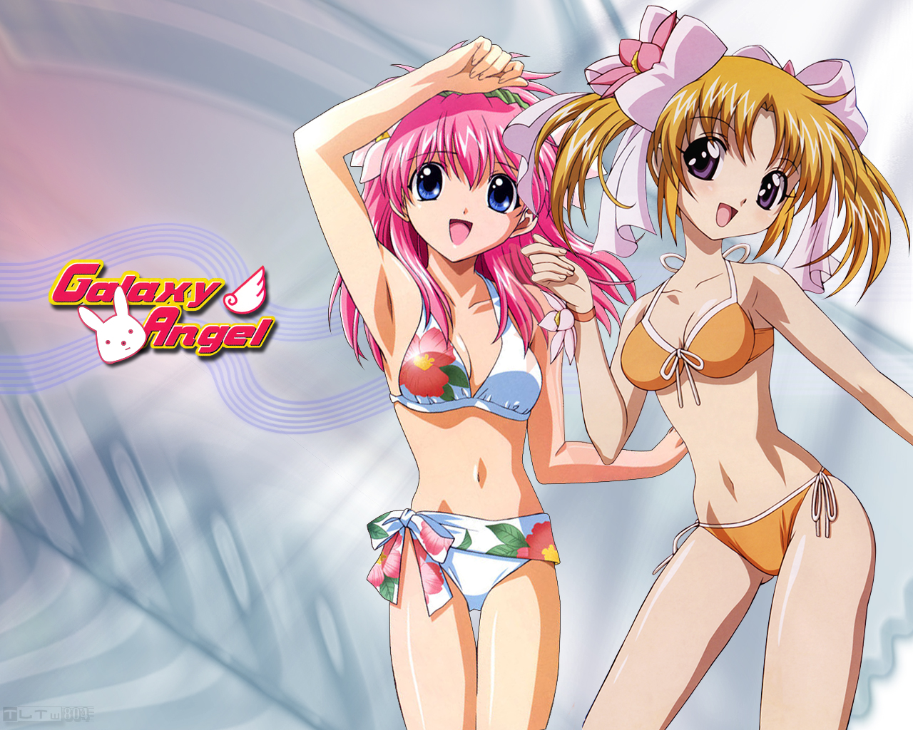 2girls, apricot_sakuraba, bikini, galaxy_angel, milfeulle_sakuraba, navel, swimsuit