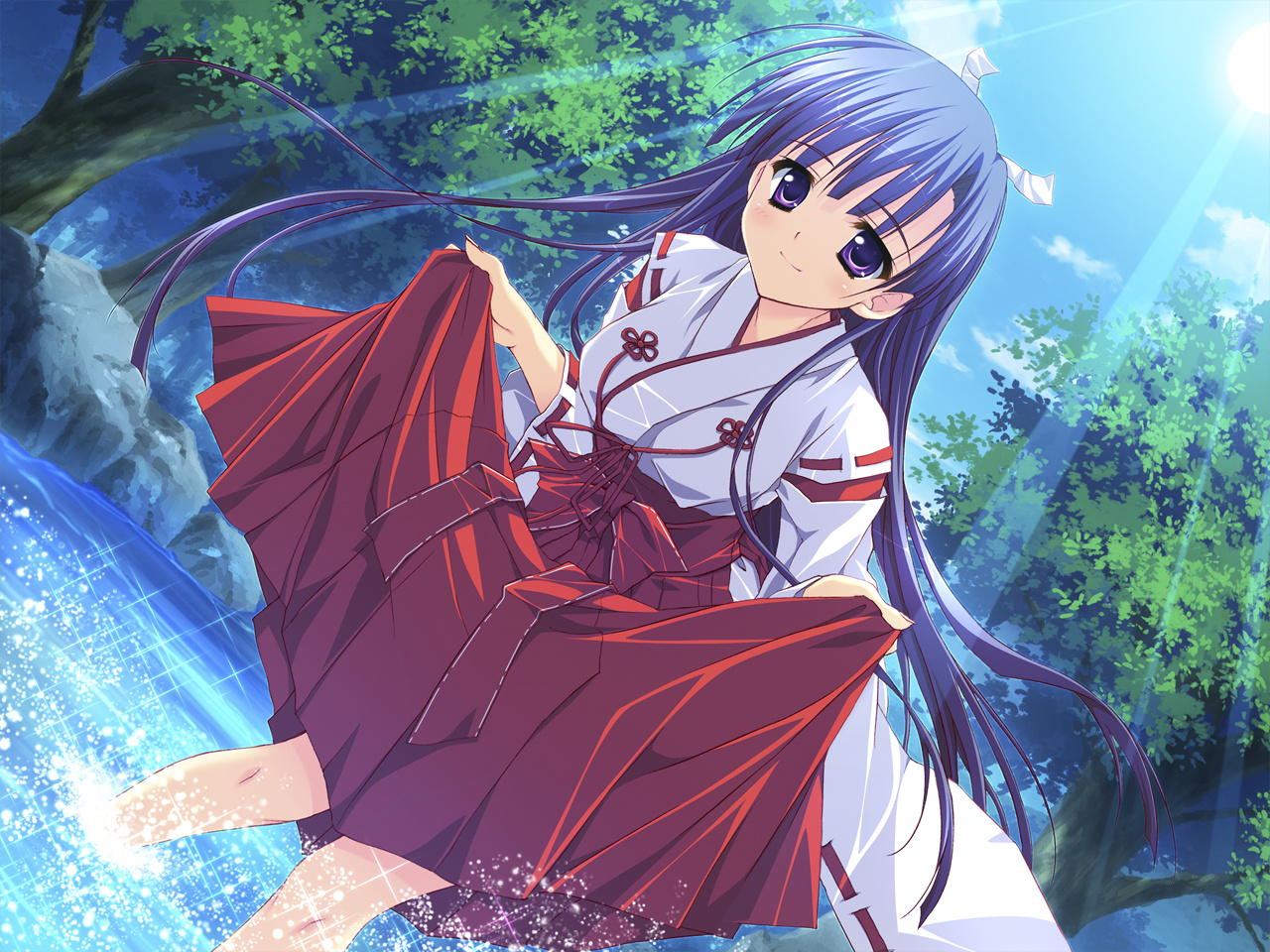 feng, game_cg, hoshizora_e_kakaru_hashi, japanese_clothes, koumoto_madoka, long_hair, miko, purple_eyes