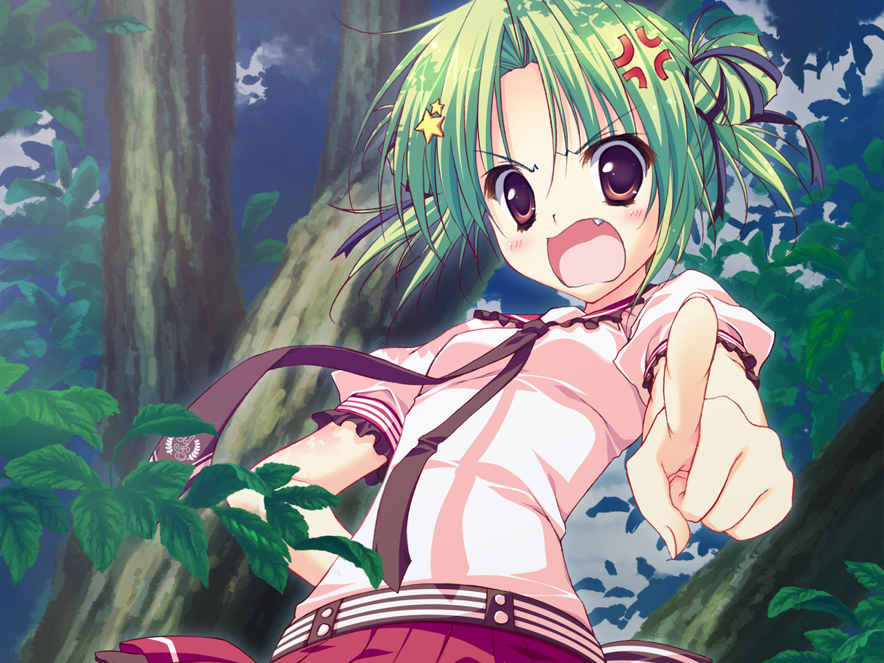 brown_eyes, fang, feng, game_cg, green_hair, hoshizora_e_kakaru_hashi, ryohka, school_uniform, tie, toudou_koyori, tree