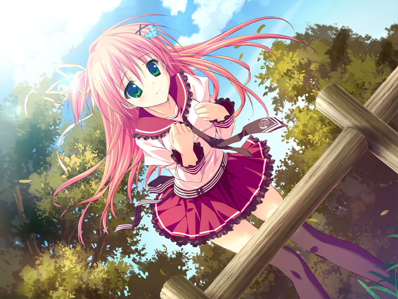 clouds, feng, game_cg, green_eyes, hoshizora_e_kakaru_hashi, nakatsugawa_ui, orange_hair, ryohka