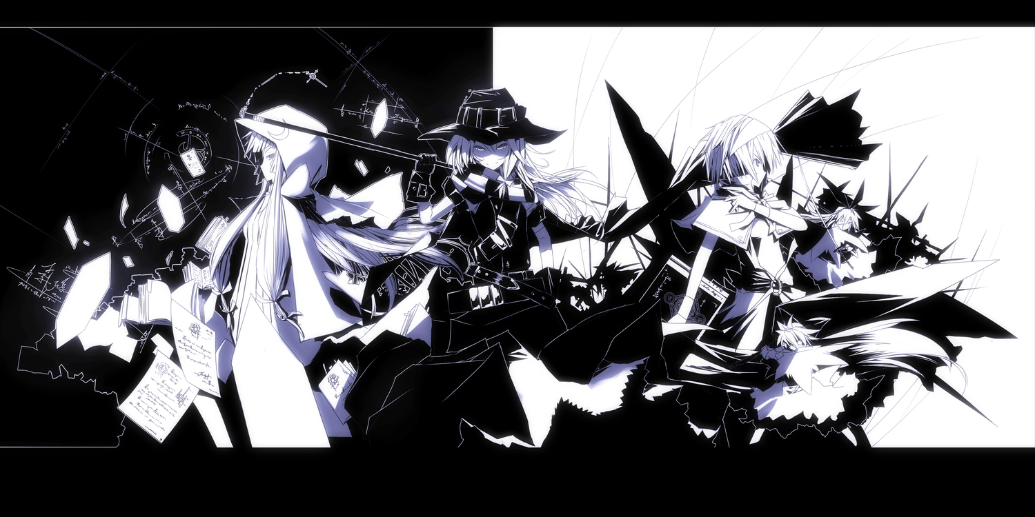 alice_margatroid, doll, katana, kirisame_marisa, koumajou_densetsu, mage, magic, monochrome, patchouli_knowledge, shanghai_doll, sword, tan_(carbon), touhou, weapon, witch