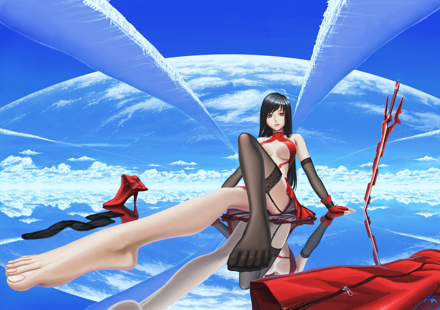 barefoot, black_hair, boots, darkmuleth, gloves, long_hair, original, red_eyes