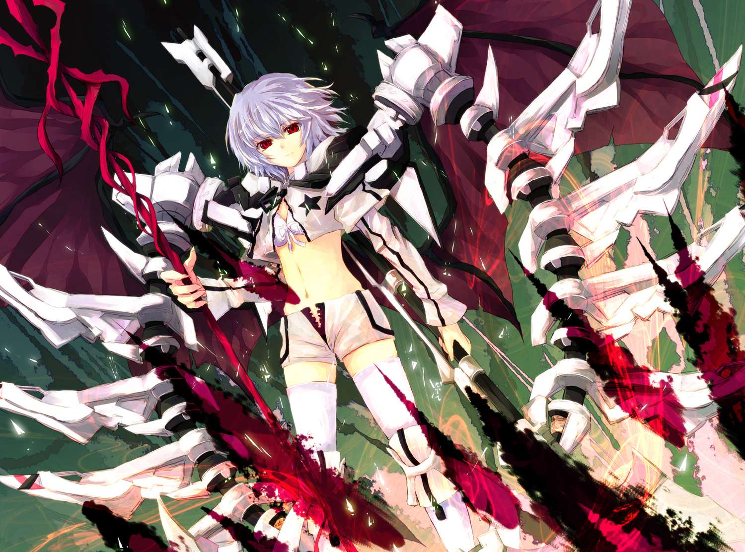 asagi_shii, bikini_top, black_rock_shooter, blue_hair, cosplay, navel, red_eyes, remilia_scarlet, scythe, short_hair, shorts, thighhighs, touhou, vampire, weapon, wings