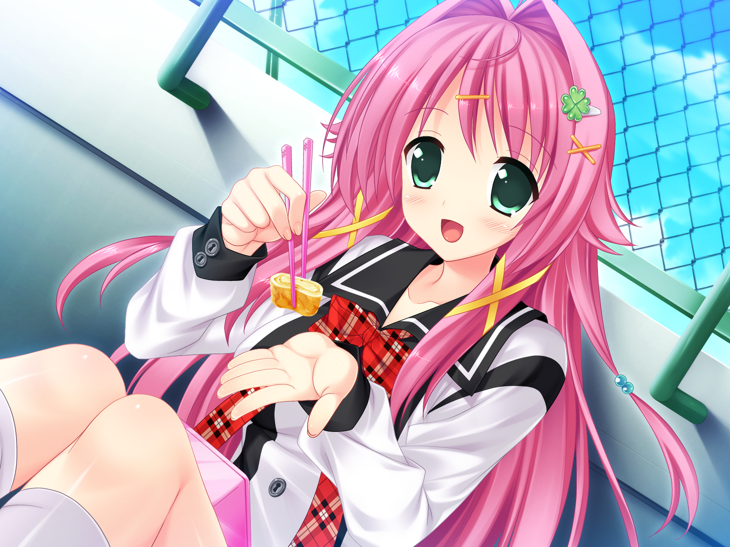 awashima_akane, food, game_cg, green_eyes, long_hair, mecha-con!, narusawa_sora, onomatope*, pink_hair, school_uniform