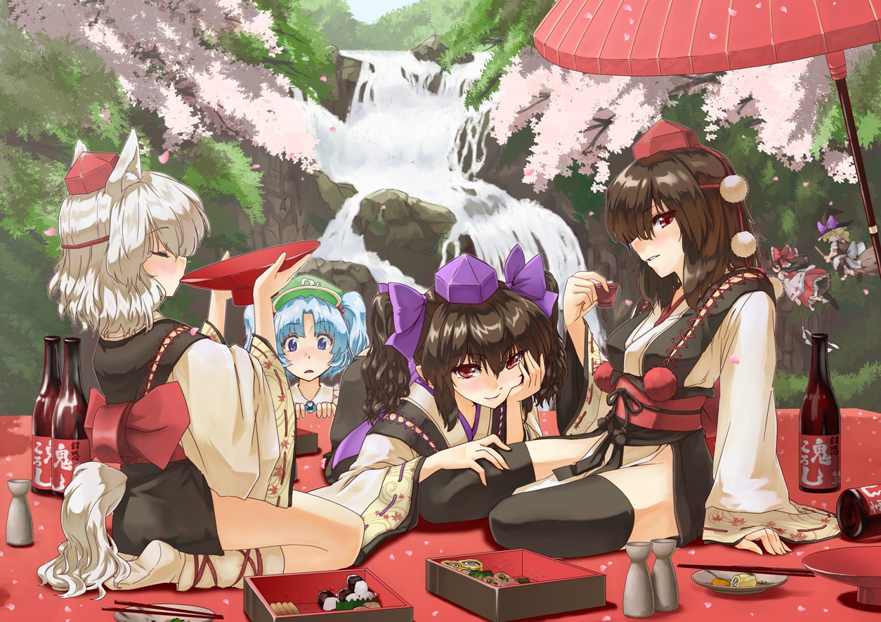 abo_(hechouchou), animal_ears, bow, cherry_blossoms, drink, flowers, forest, group