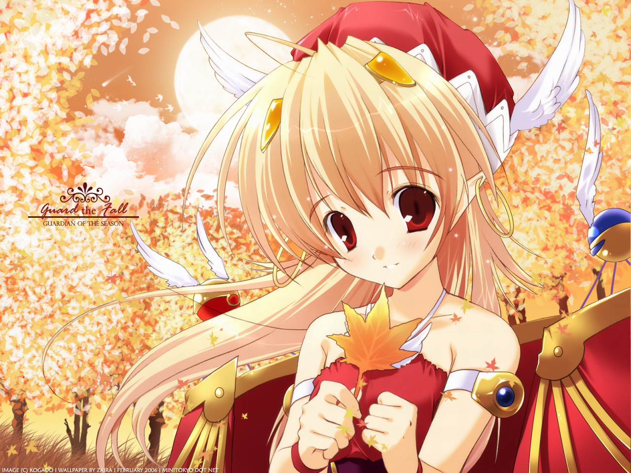 aoi_sora_no_neosphere, autumn, blonde_hair, blush, elincie_yerthrop, hat, leaves, long_hair, mikeou, pointed_ears, red_eyes, tree, watermark, wristwear