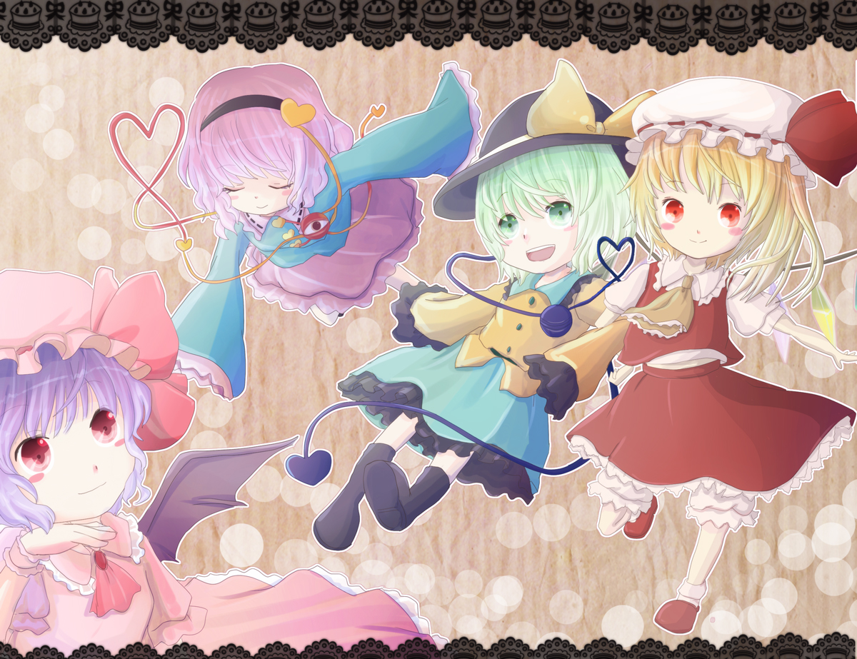 blonde_hair, blush, flandre_scarlet, green_eyes, green_hair, heart, komeiji_koishi, komeiji_satori