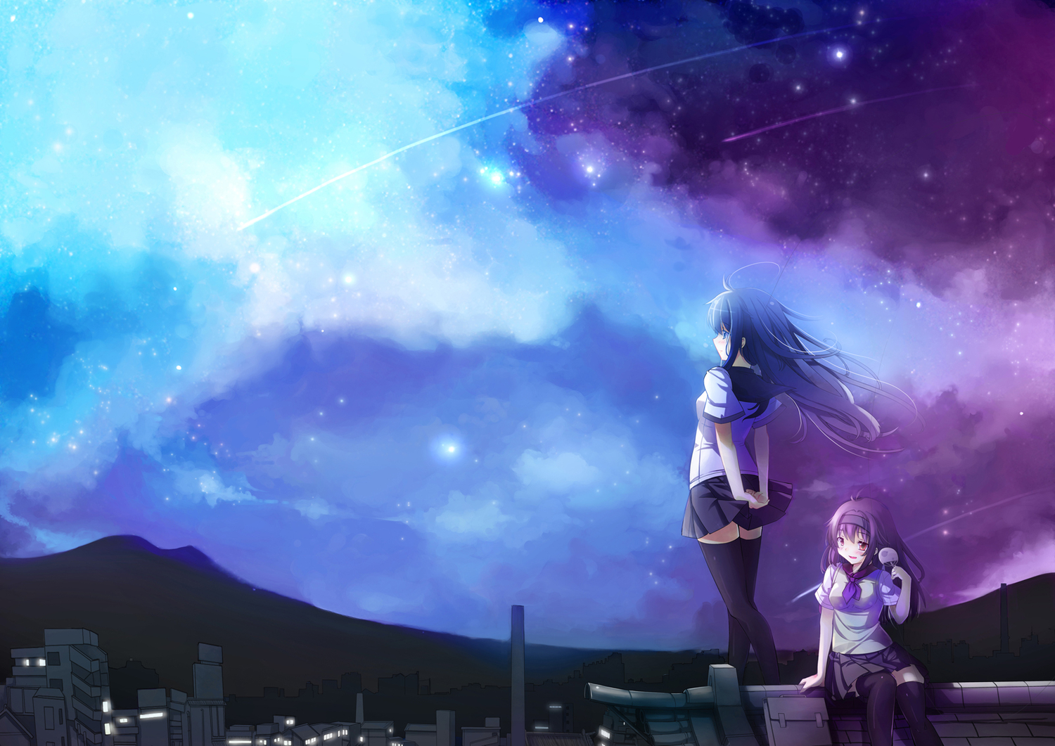 2girls, blue_eyes, blue_hair, building, city, clouds, fan, headband