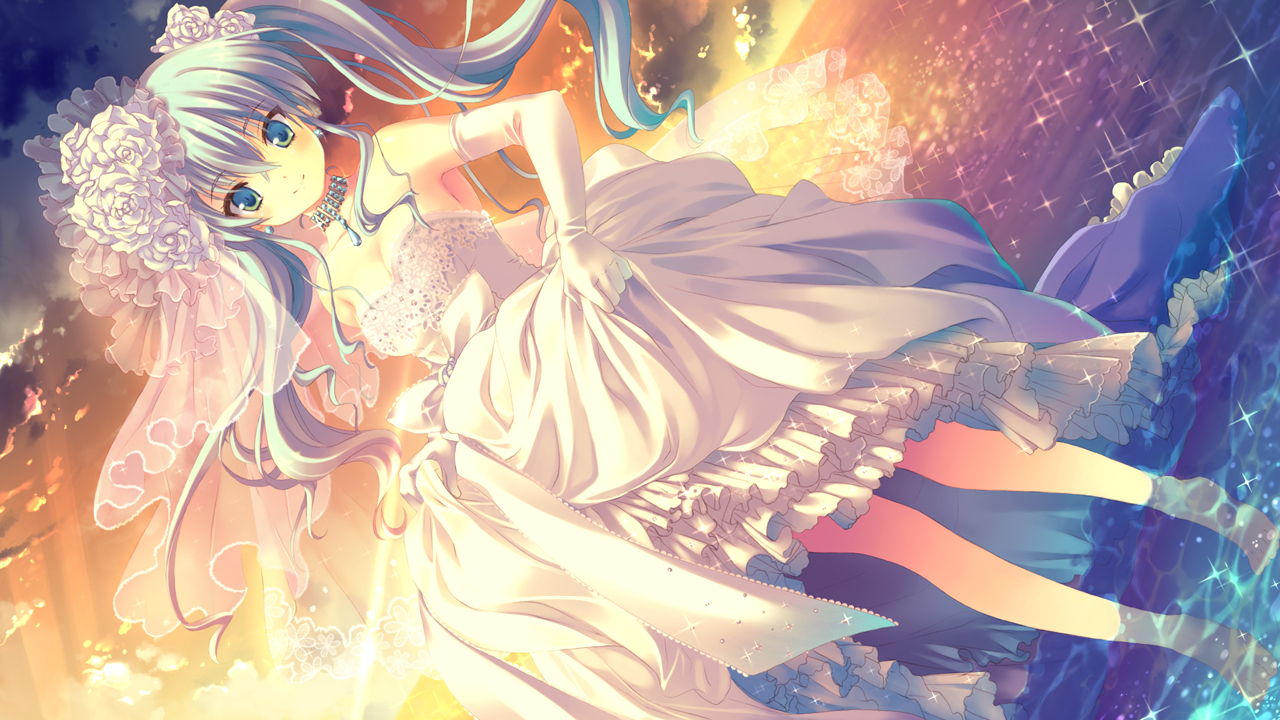 aoi_ringo, game_cg, gray_hair, hoshi_no_ouji-kun, qp:flapper, sunset, tagme_(artist), twintails, water, wedding_attire