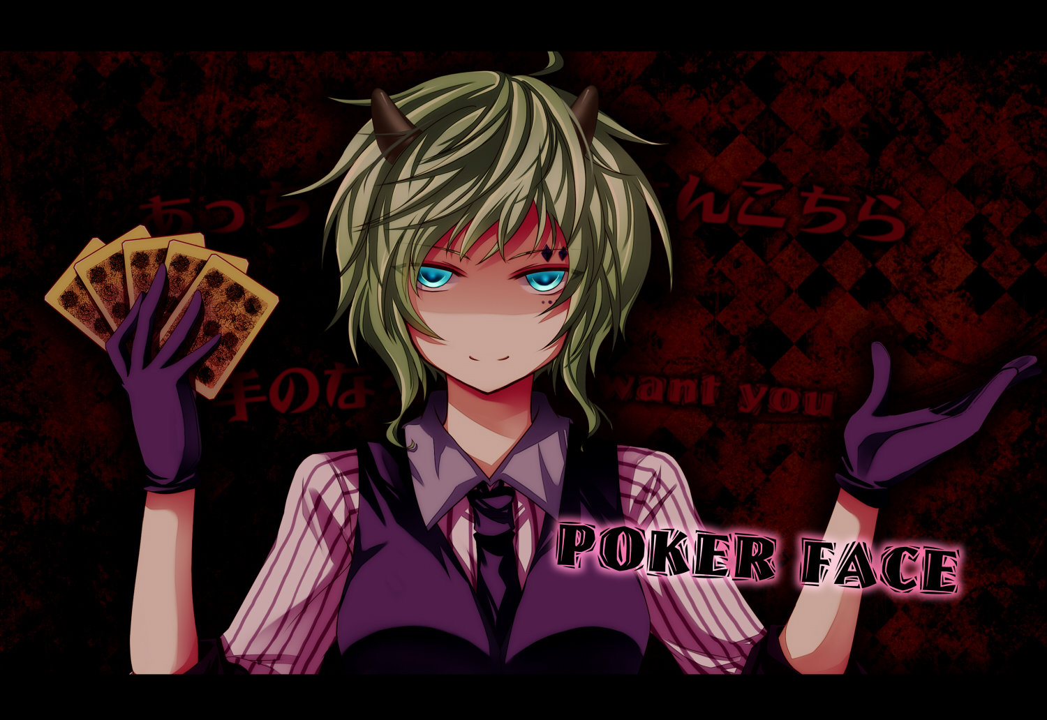 blue_eyes, dark, gloves, green_hair, gumi, horns, poker_face_(vocaloid), short_hair