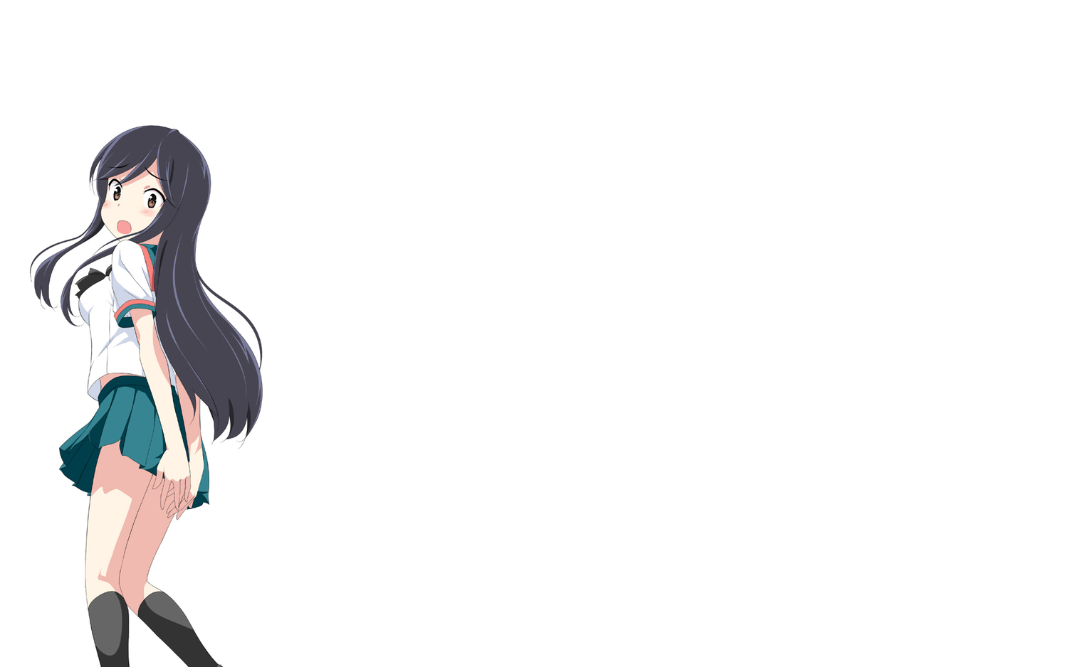 a_channel, black_hair, blush, brown_eyes, kneehighs, long_hair, nishi_yuuko, school_uniform