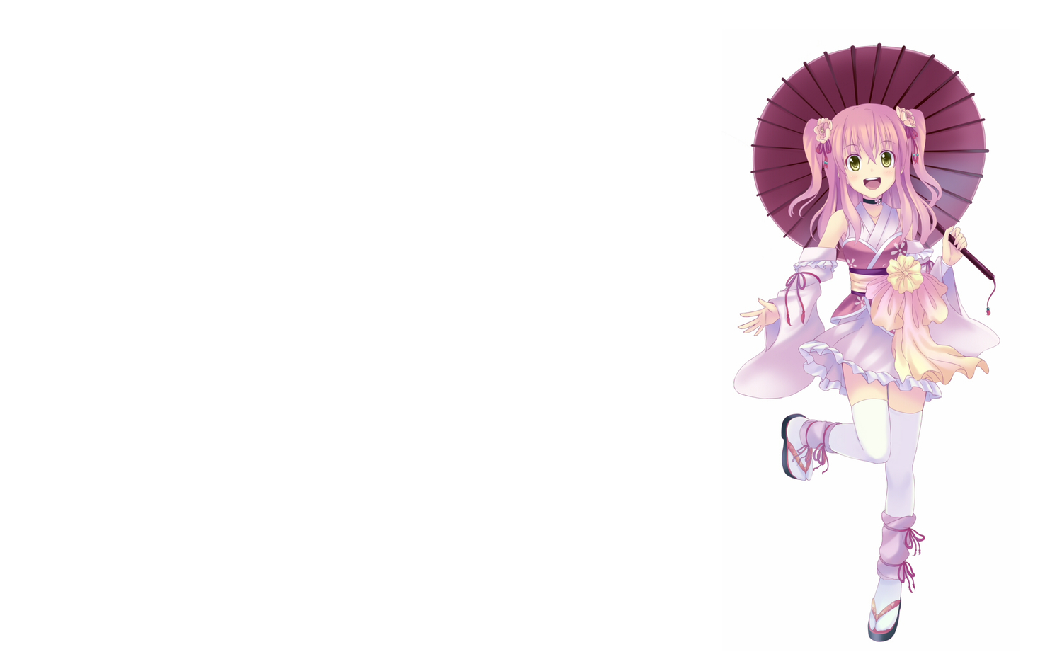 dress, flowers, green_eyes, long_hair, original, pink_hair, ribbons, shiwasu_gatsu, thighhighs, twintails, white
