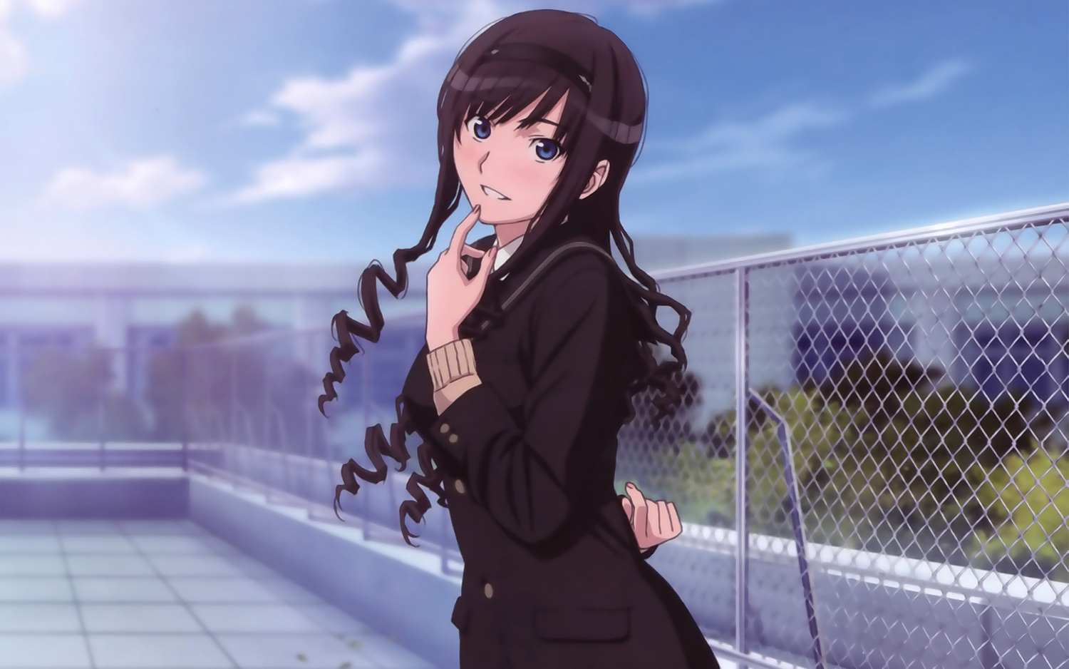 amagami, black_hair, blue_eyes, clouds, headband, long_hair, morishima_haruka, school_uniform
