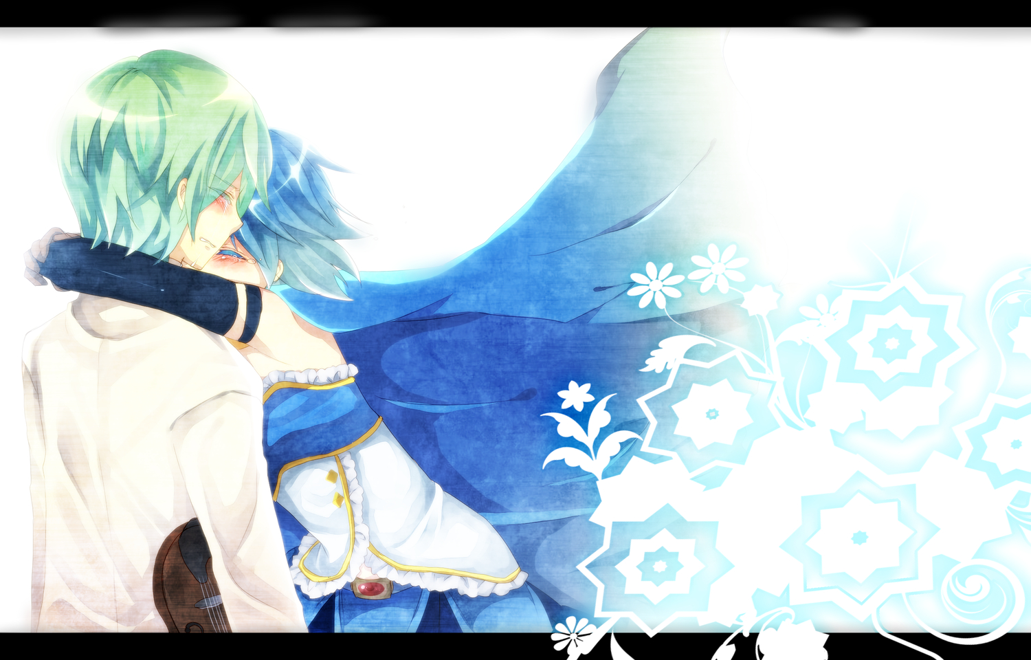 blue_hair, crying, gloves, green_hair, instrument, kamijou_kyousuke, mahou_shoujo_madoka_magica, miki_sayaka