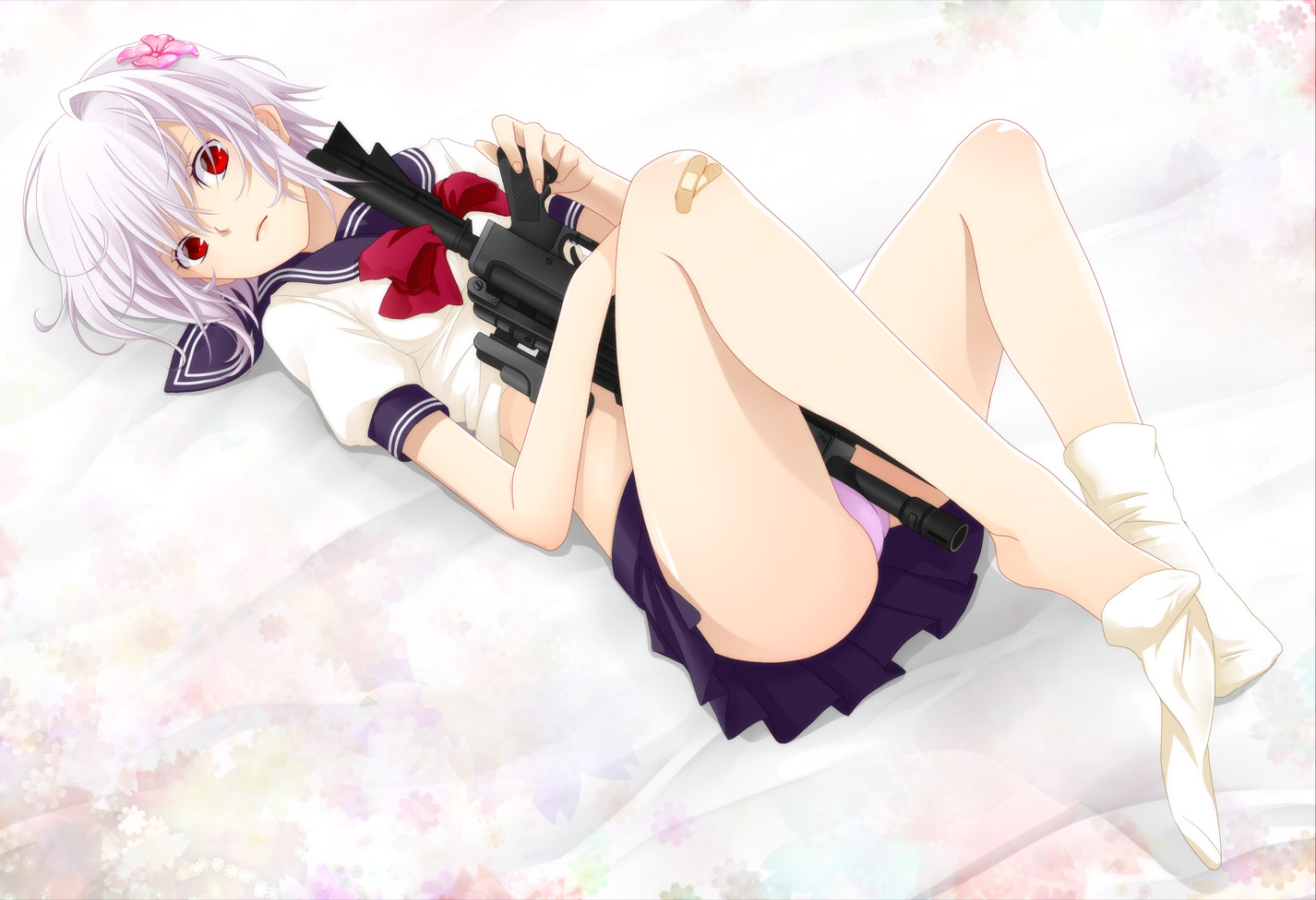 bandaid, flowers, genderswap, gun, jirou_(asami0512jump), panties, parody, red_eyes, school_uniform, short_hair, skirt, socks, suzushina_yuriko, to_aru_majutsu_no_index, underwear, weapon, white, white_hair