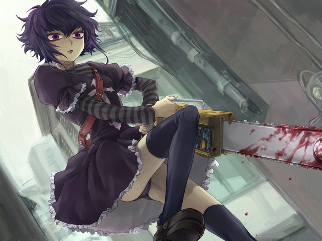 black_hair, black_lagoon, blood, chainsaw, cropped, kayou_(artist), panties, purple_eyes, sawyer_the_cleaner, thighhighs, underwear, weapon