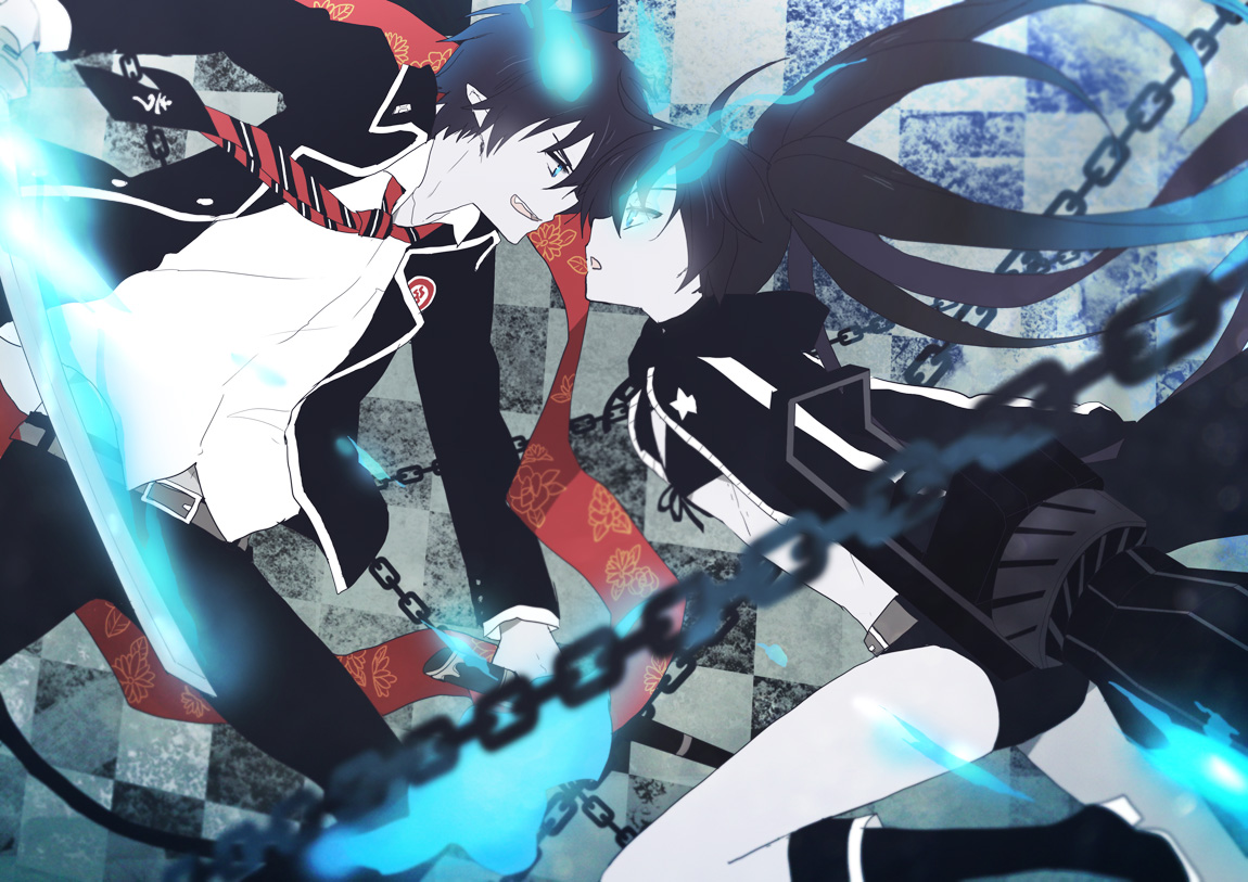ao_no_exorcist, black_hair, black_rock_shooter, blue_eyes, chain, crossover, fire, gun, kuroi_mato, kurot, okumura_rin, pointed_ears, sword, underwear, weapon