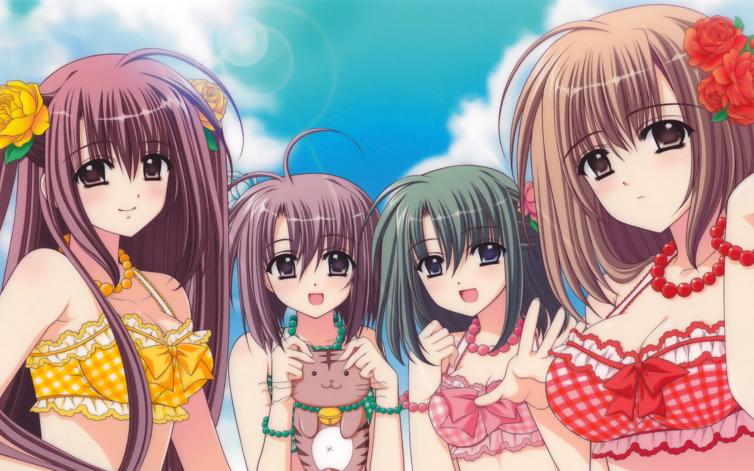 animal, bikini, blue_eyes, breasts, brown_eyes, brown_hair, cat, cleavage, clouds, flowers, green_hair, group, hayashida_misaki, nishimata_aoi, ootori_naru, oretachi_ni_tsubasa_wa_nai, pink_eyes, pink_hair, sky, swimsuit, tamaizumi_hiyoko, watarai_asuka