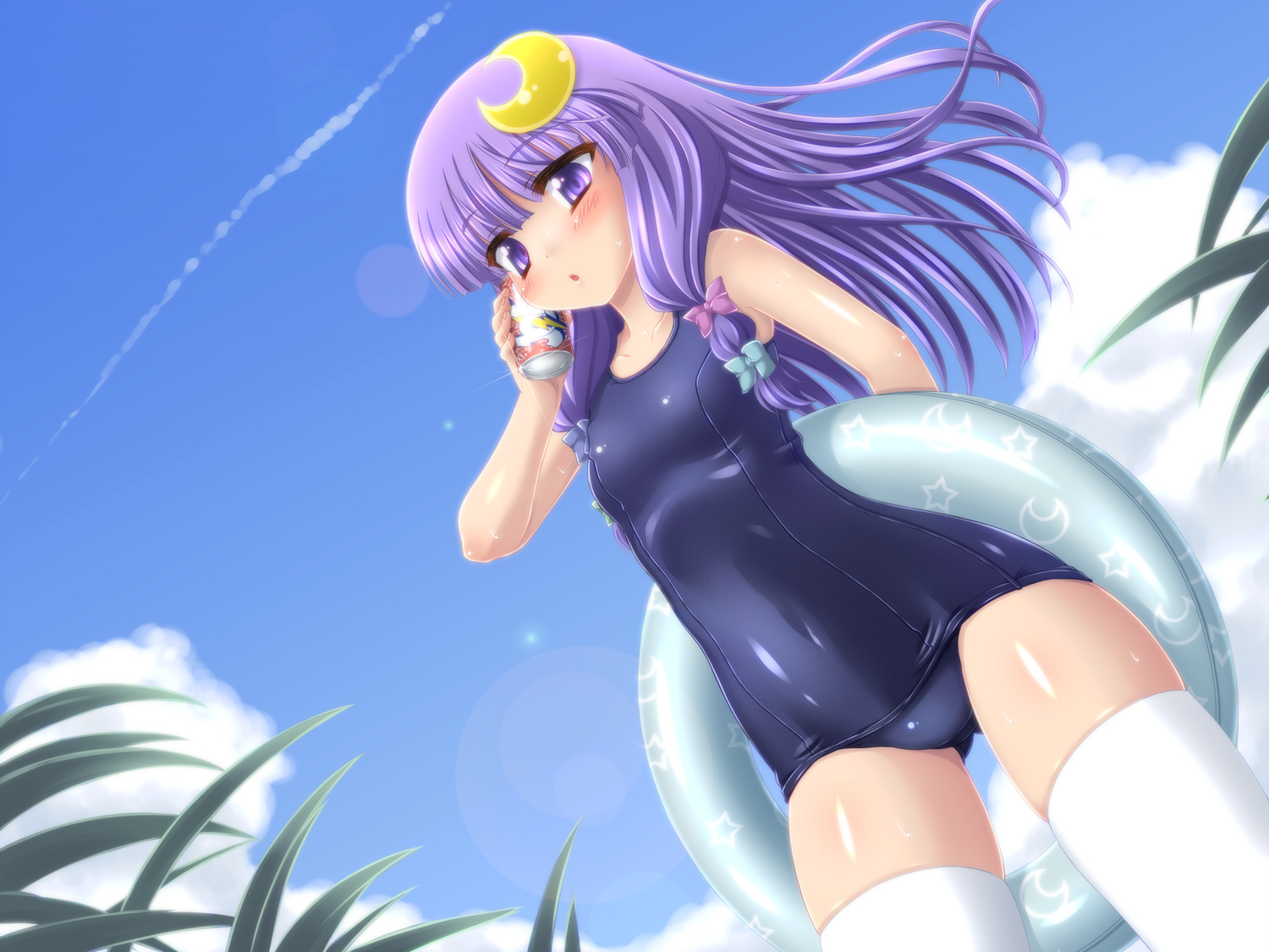 drink, iganseijin, patchouli_knowledge, purple_eyes, purple_hair, sky, swim_ring, swimsuit, thighhighs, touhou