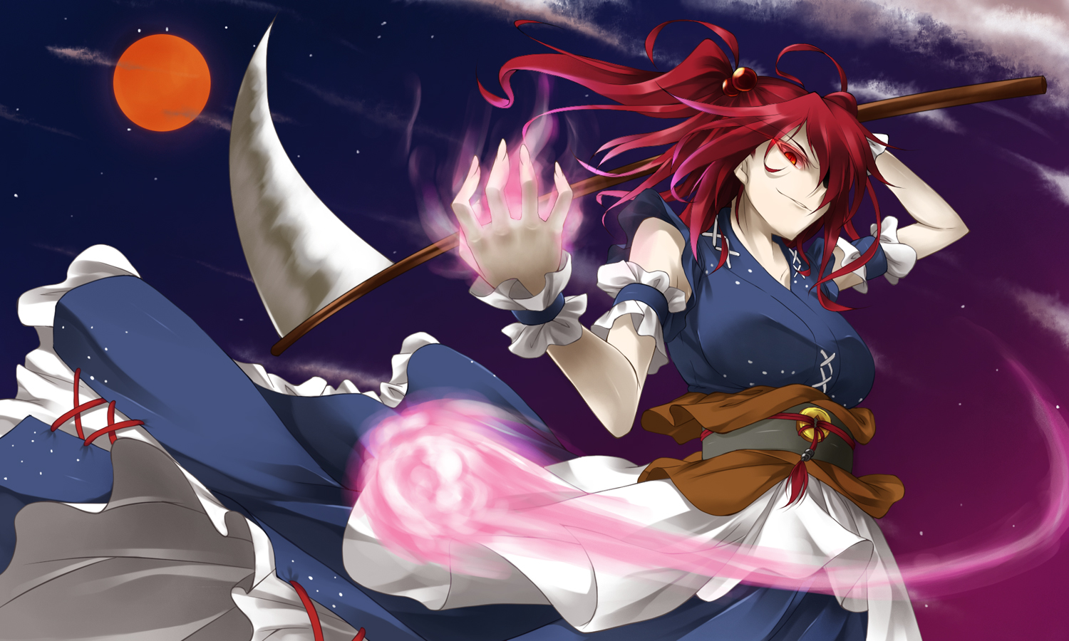 dress, fuyuno_taka, moon, night, onozuka_komachi, red_eyes, red_hair, scythe, sky, stars, touhou, weapon