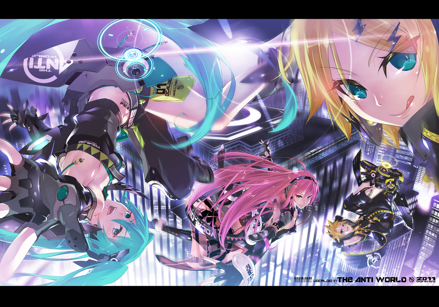 aqua_eyes, aqua_hair, blonde_hair, gloves, group, hatsune_miku, headband, kagamine_len, kagamine_rin, long_hair, male, megurine_luka, monq, pink_hair, short_hair, twintails, vocaloid, watermark