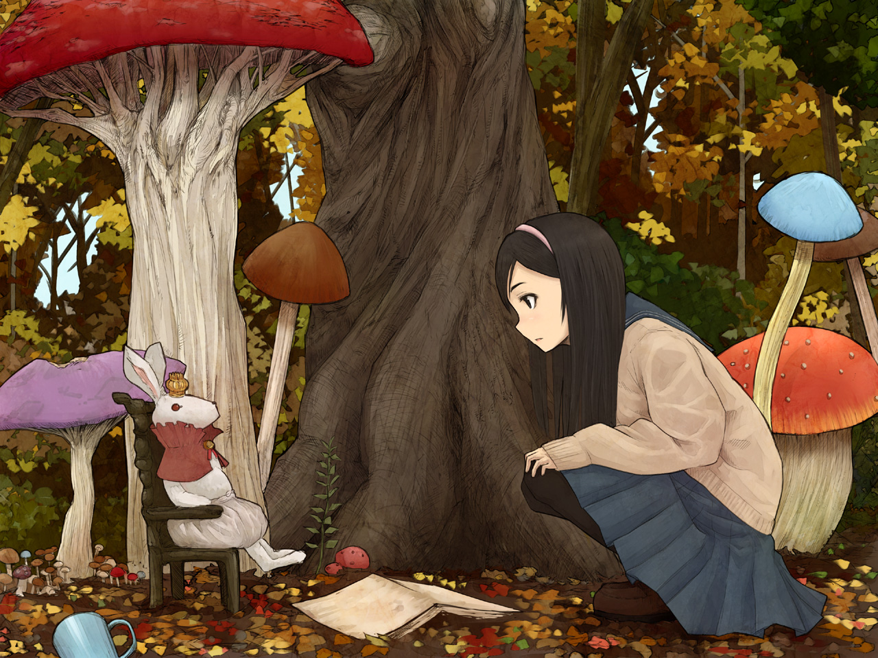 alice_in_wonderland, animal, black_hair, book, headband, okiru, rabbit, school_uniform