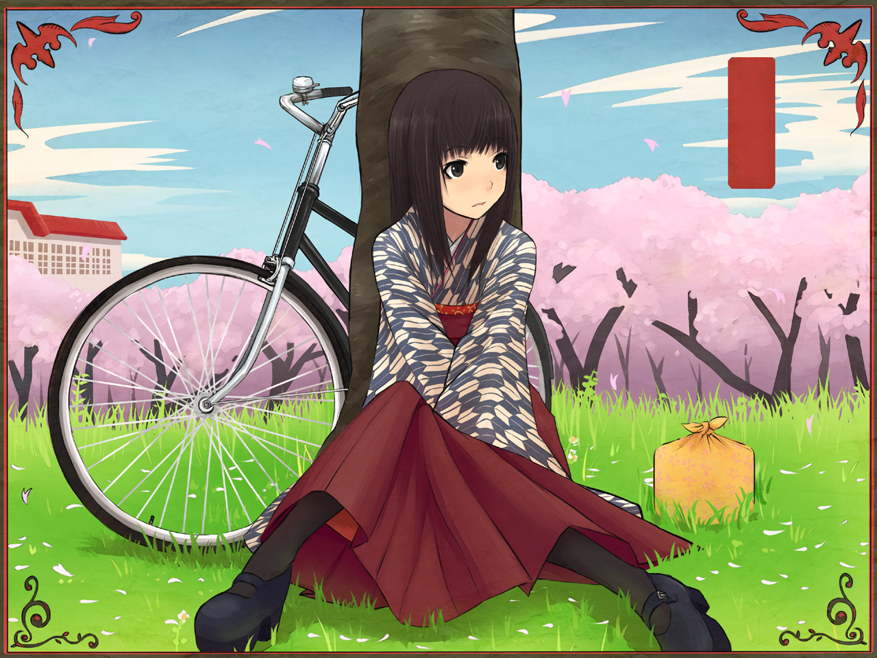 bicycle, cherry_blossoms, flowers, japanese_clothes, okiru, petals