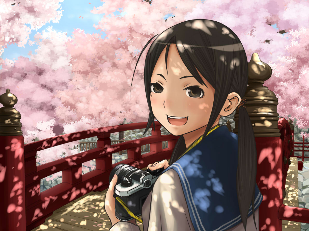 camera, cherry_blossoms, flowers, okiru, school_uniform