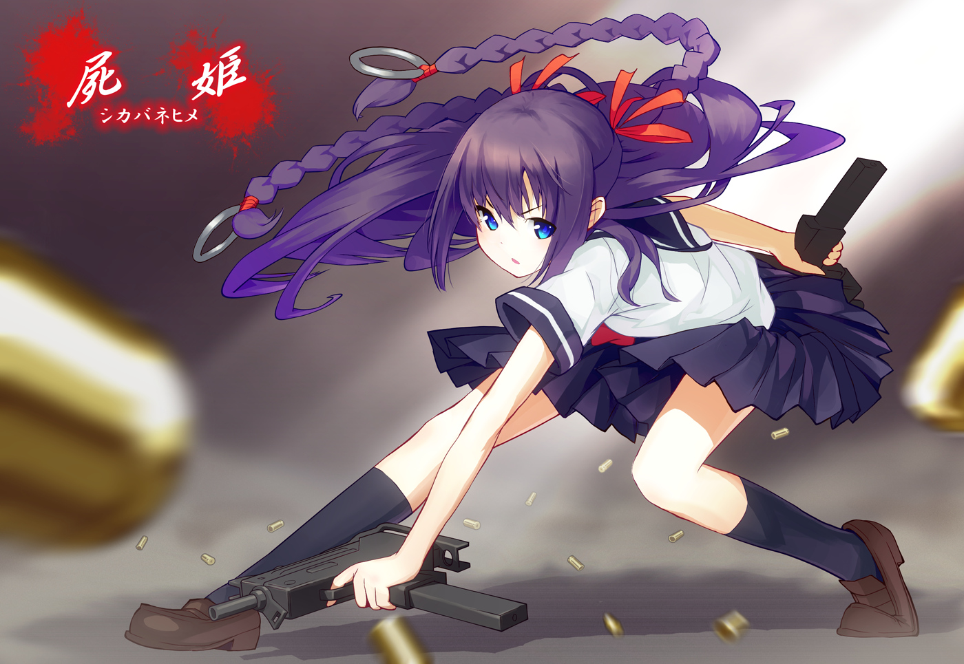 blue_eyes, braids, gun, hoshimura_makina, purple_hair, school_uniform, shikabane_hime, sturm, weapon