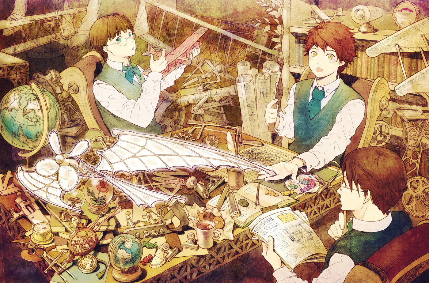aircraft, all_male, ame_(conronca), aqua_eyes, book, brown_hair, candy, drink