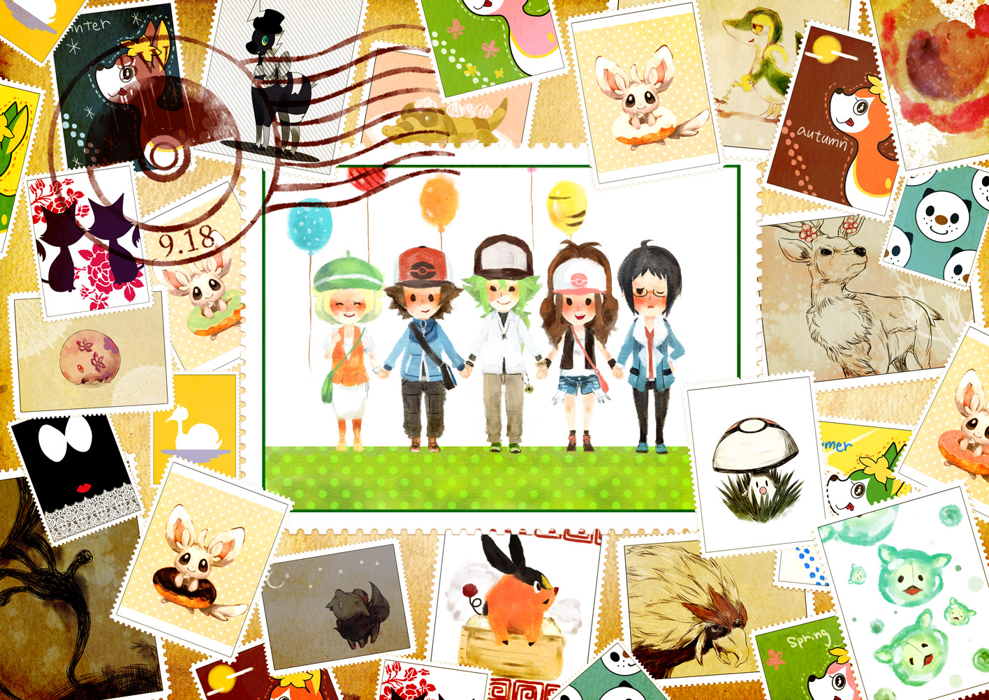 bel_(pokemon), braviary, cheren, deerling, foongus, kimu_(pixiv300749), minccino, munna