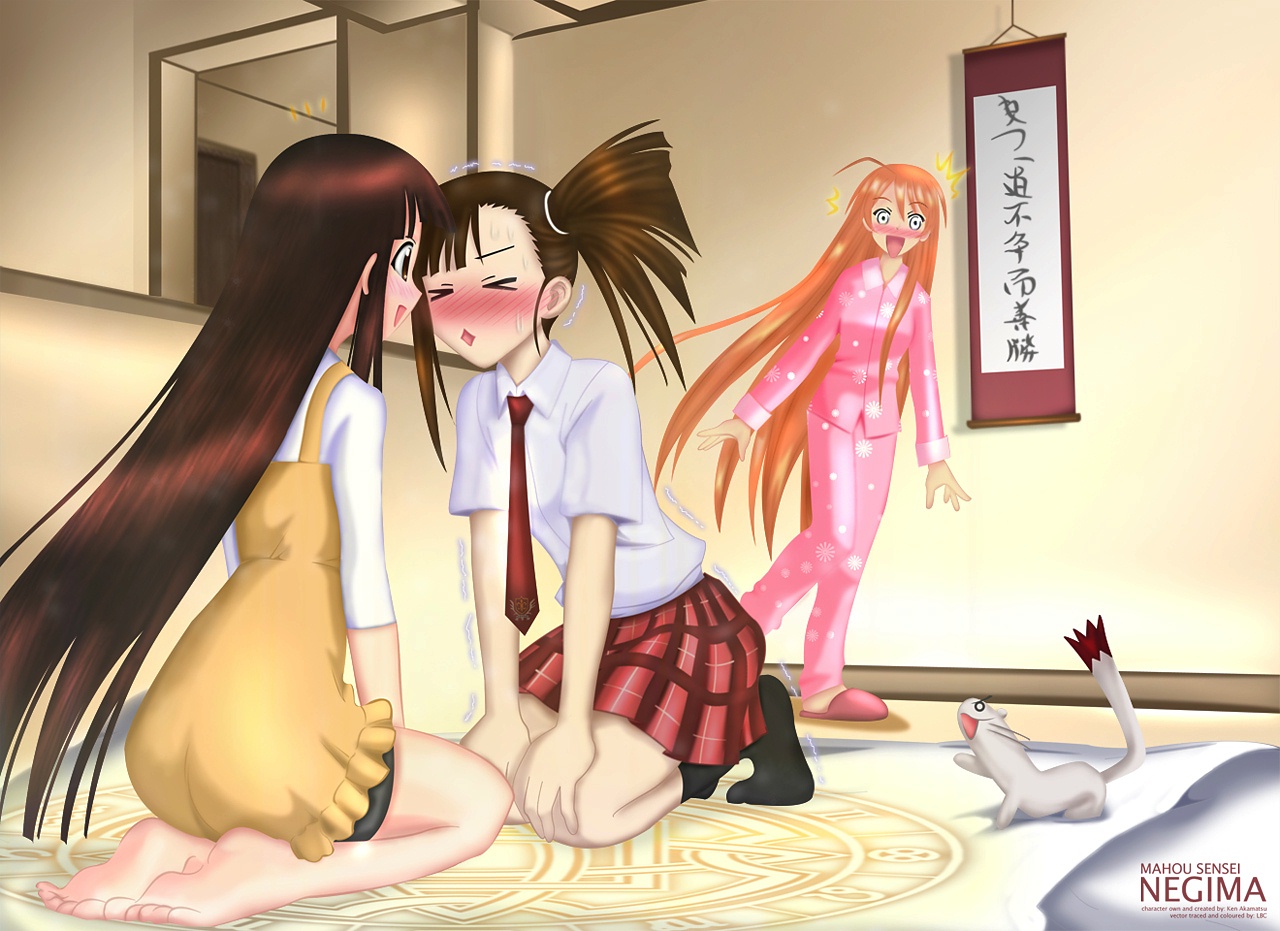 brown_hair, kagurazaka_asuna, kiss, konoe_konoka, long_hair, mahou_sensei_negima, orange_hair, sakurazaki_setsuna, shoujo_ai