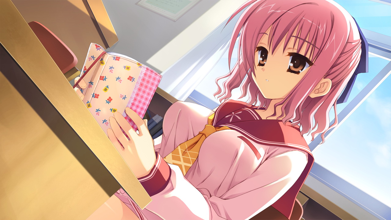 book, game_cg, kobuichi, muririn, pink_hair, school_uniform, short_hair, tenshinranman, tie, tokiwa_mahiro, yuzusoft