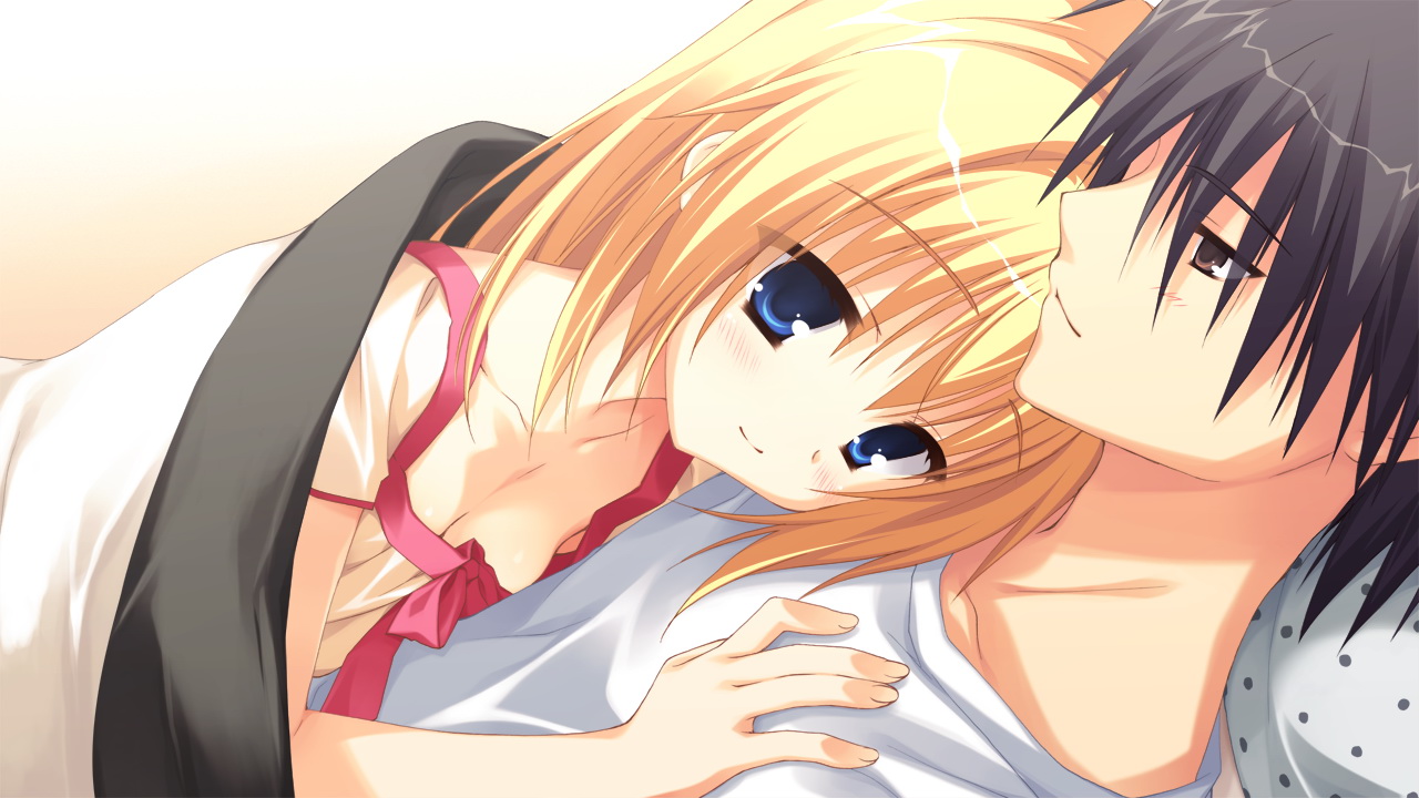 bed, black_hair, blonde_hair, blue_eyes, chitose_haruki, chitose_sana, close, game_cg