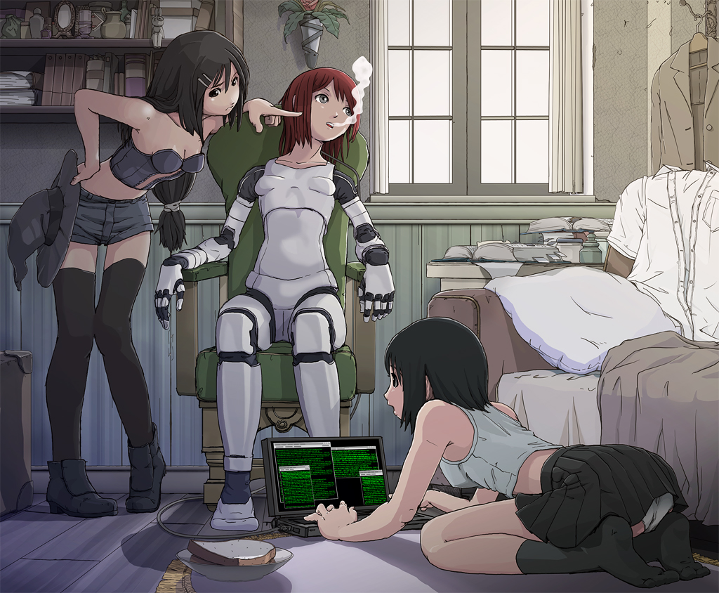 bed, black_hair, book, computer, food, hat, original, panties, red_hair, robot, socks, sukabu, thighhighs, underwear, witch_hat