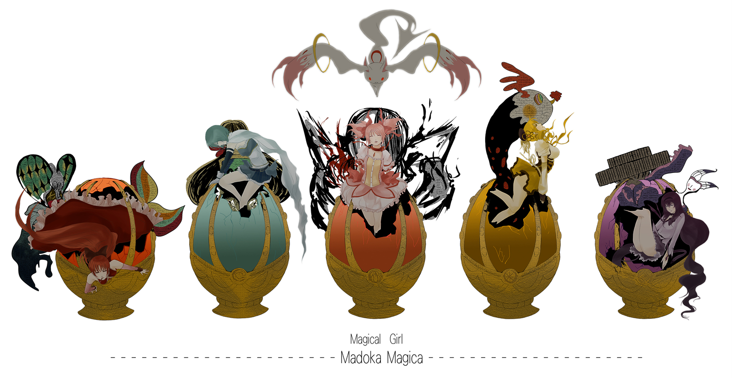 akemi_homura, charlotte_(mahou_shoujo_madoka_magica), fuki_(i800), kaname_madoka, kyuubee, mahou_shoujo_madoka_magica, miki_sayaka, sakura_kyouko, tomoe_mami, walpurgis_no_yoru, white