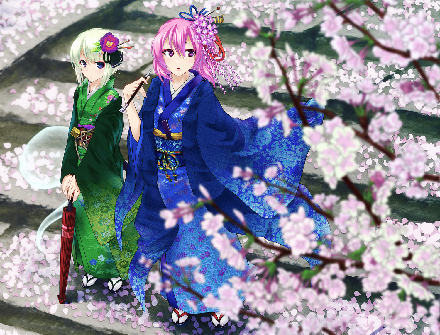 2girls, blue_eyes, cherry_blossoms, din_(flypaper), fan, flowers, green_hair, japanese_clothes, kimono, konpaku_youmu, myon, petals, pink_hair, purple_eyes, saigyouji_yuyuko, short_hair, stairs, sword, touhou, umbrella, weapon