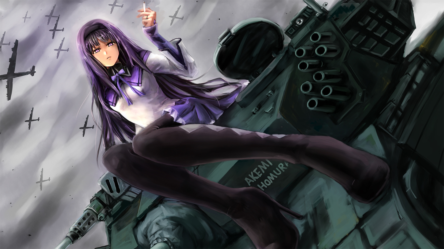 aircraft, akemi_homura, bookseve, cigarette, headband, long_hair, mahou_shoujo_madoka_magica, pantyhose, purple_eyes, purple_hair, school_uniform, sky