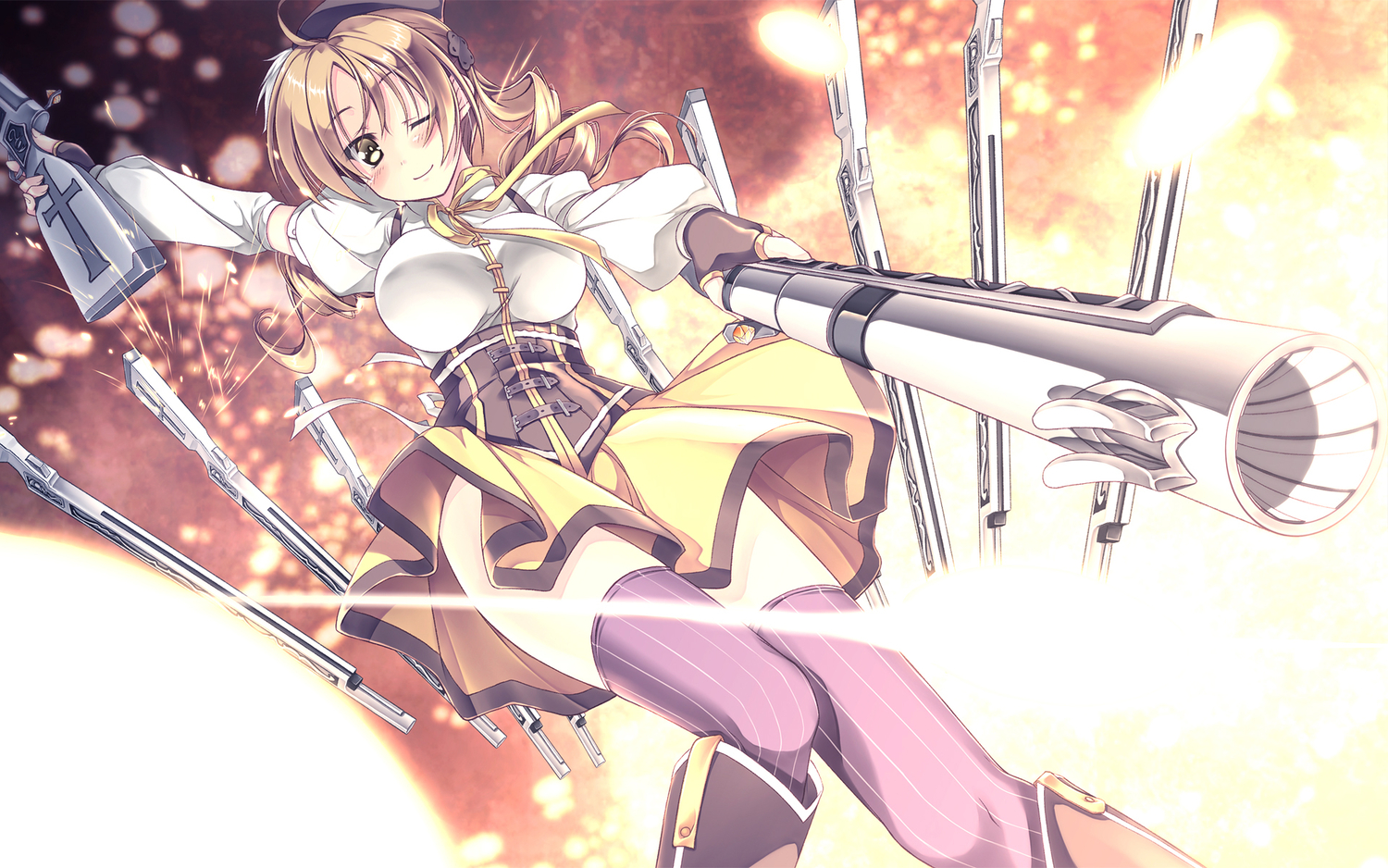 blonde_hair, boots, gun, hat, mahou_shoujo_madoka_magica, shinohara_shinome, thighhighs, tomoe_mami