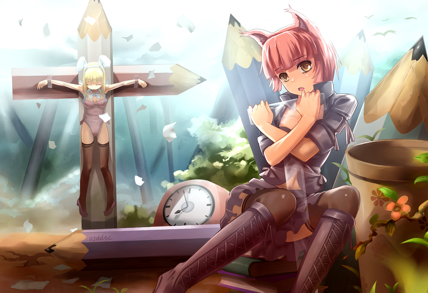 animal_ears, bunny_ears, bunnygirl, fs-project, signed, thighhighs