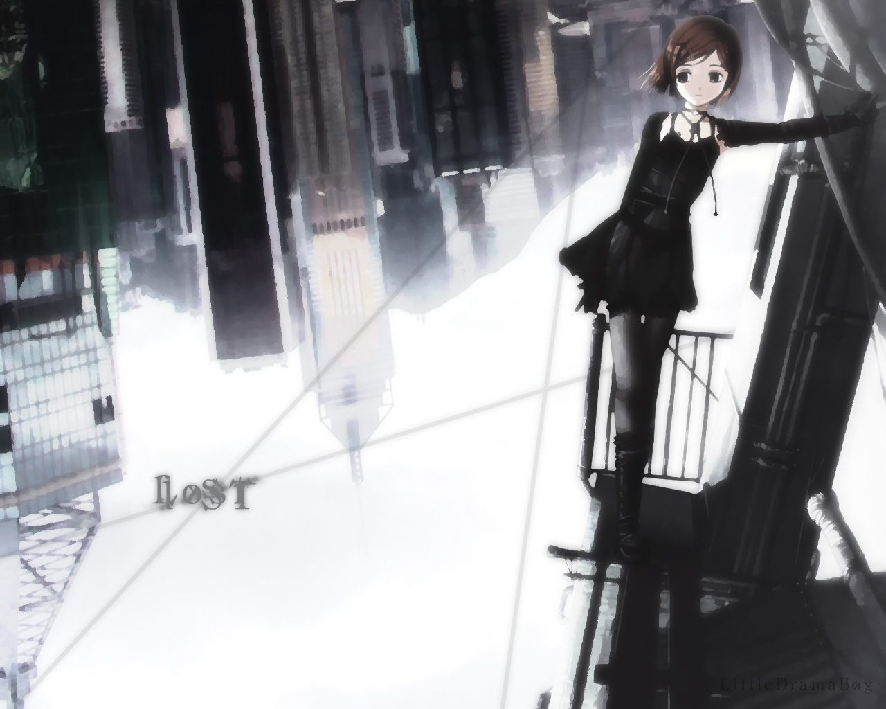 boots, brown_eyes, brown_hair, building, city, dark, dress, gloves