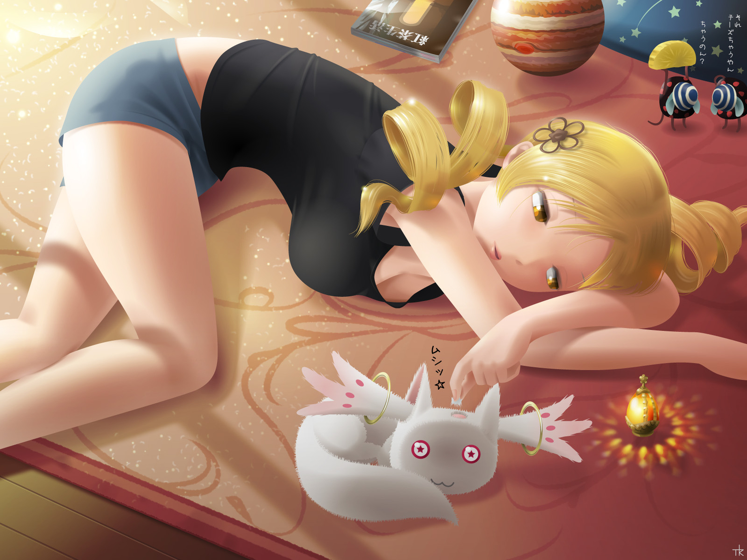 blonde_hair, breasts, cleavage, kyuubee, mahou_shoujo_madoka_magica, nametake_(nametake), tomoe_mami