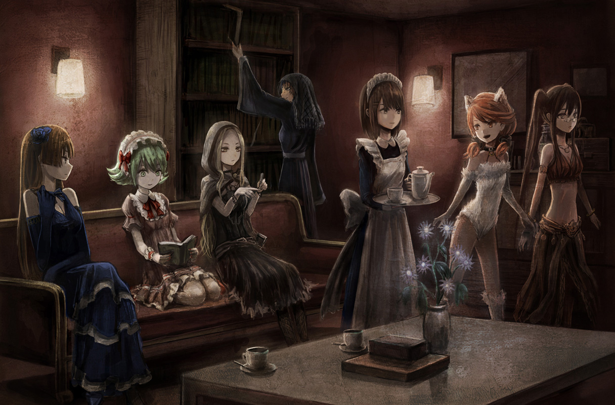 animal_ears, book, catgirl, group, maid, toi_(number8)