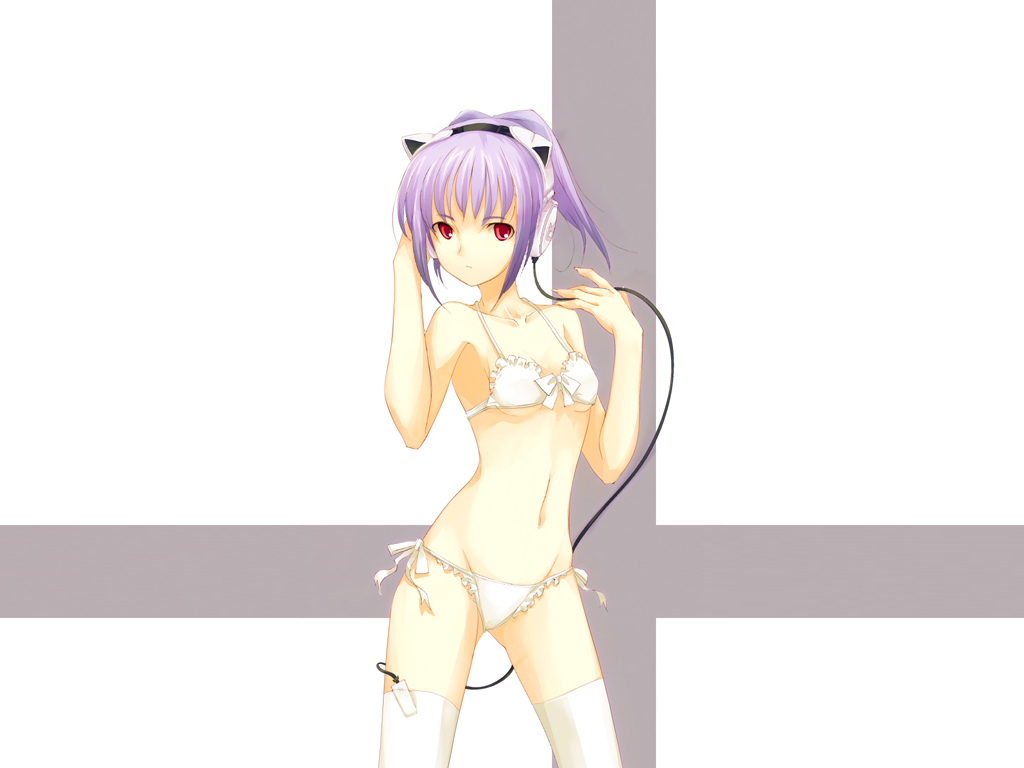 bikini, dasoku_sentarou, headphones, purple_hair, red_eyes, swimsuit