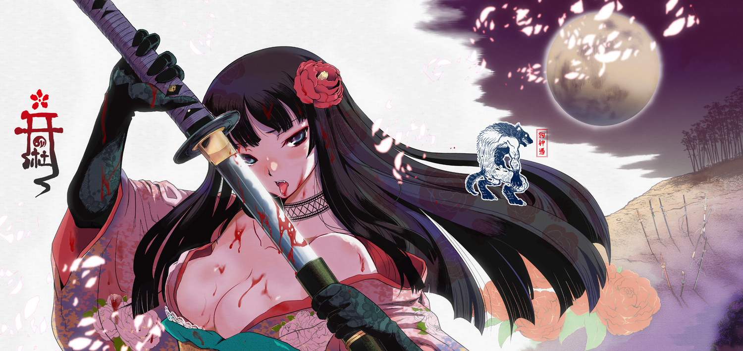 black_hair, blue_eyes, gachirin_ni_kiri_saku, inugami_sakuya, japanese_clothes, katana, long_hair, moon, oxoxox, sword, weapon, yukata