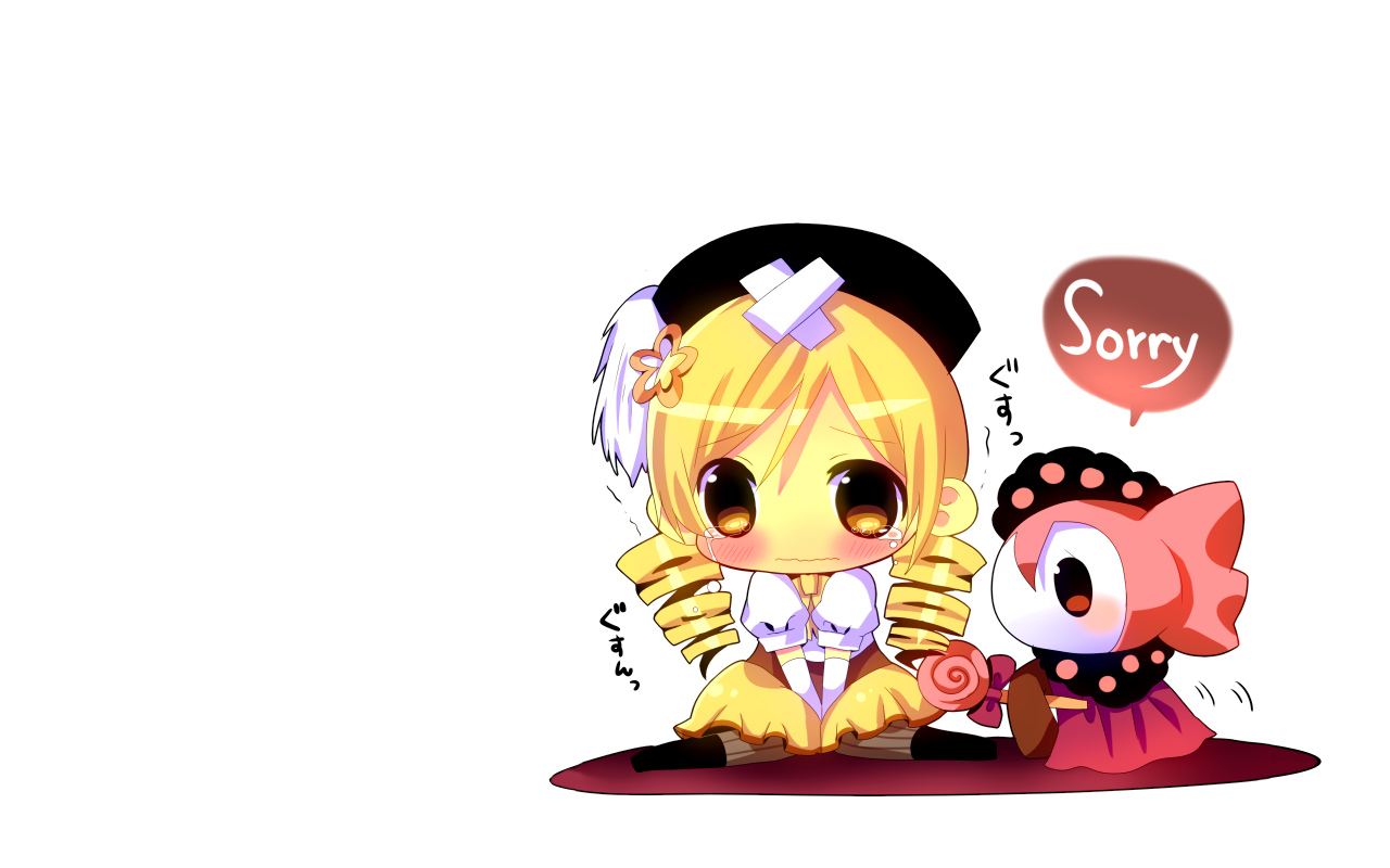 bandaid, blonde_hair, blush, boots, charlotte_(mahou_shoujo_madoka_magica), chibi, crying, hat, hina_hina, mahou_shoujo_madoka_magica, tears, thighhighs, tomoe_mami, white, yellow_eyes